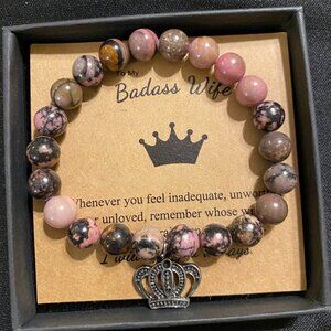 SheKind Crown Charm Beads Bracelet BadA_ _ Wife Saying w/Gift Box NIB